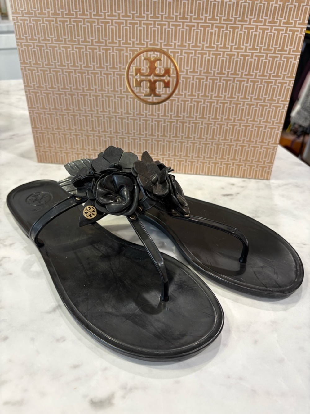 Tory Burch Blossom Black Floral Jelly Thong Sandals